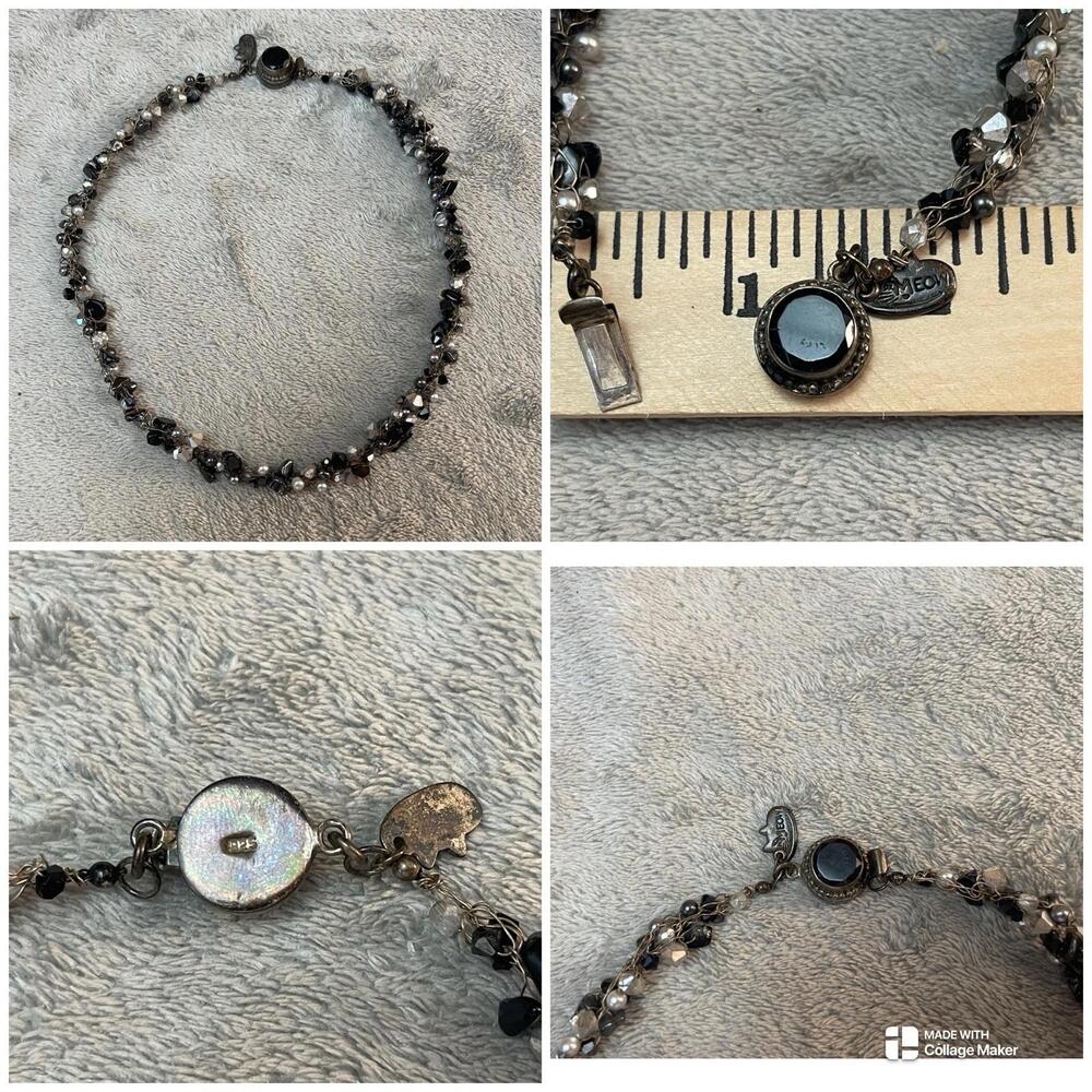 VTG MEOW Sterling Silver Chunky Twisted Black Glass Faux Pearls Beads Necklace !